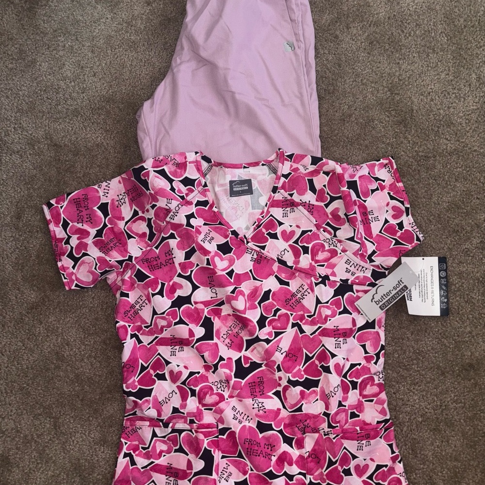 Pink Heart Pattern Scrub Top